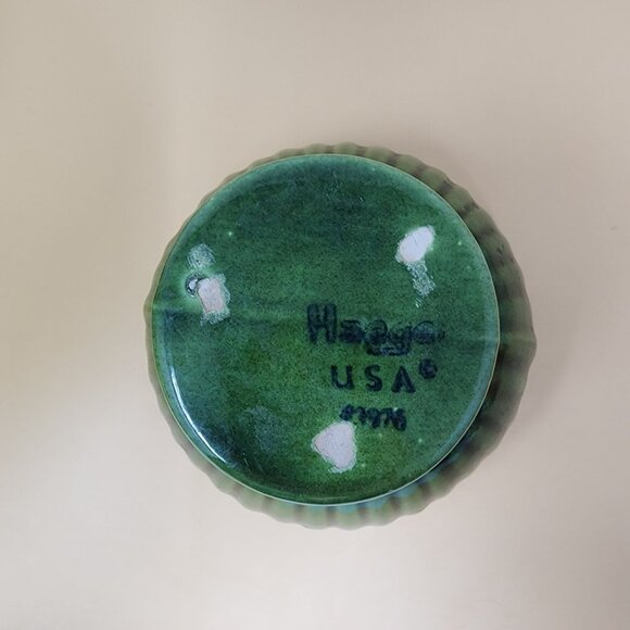 Vintage Green Speckled Haeger USA Ribbed Ceramic Pedestal Footed Bowl - Picture 6 of 8